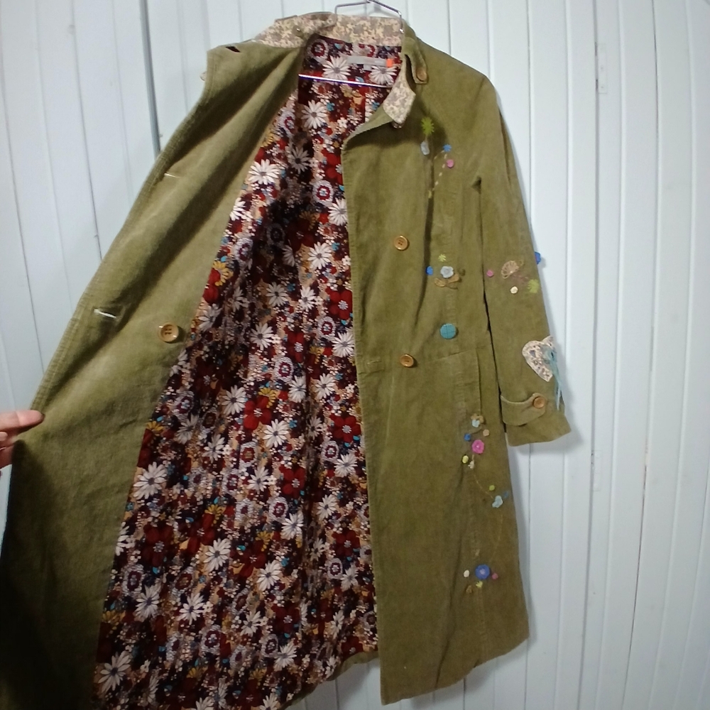 Vintage Olive Green Embroidered Corduroy Pea Coat - Picture 4 of 11